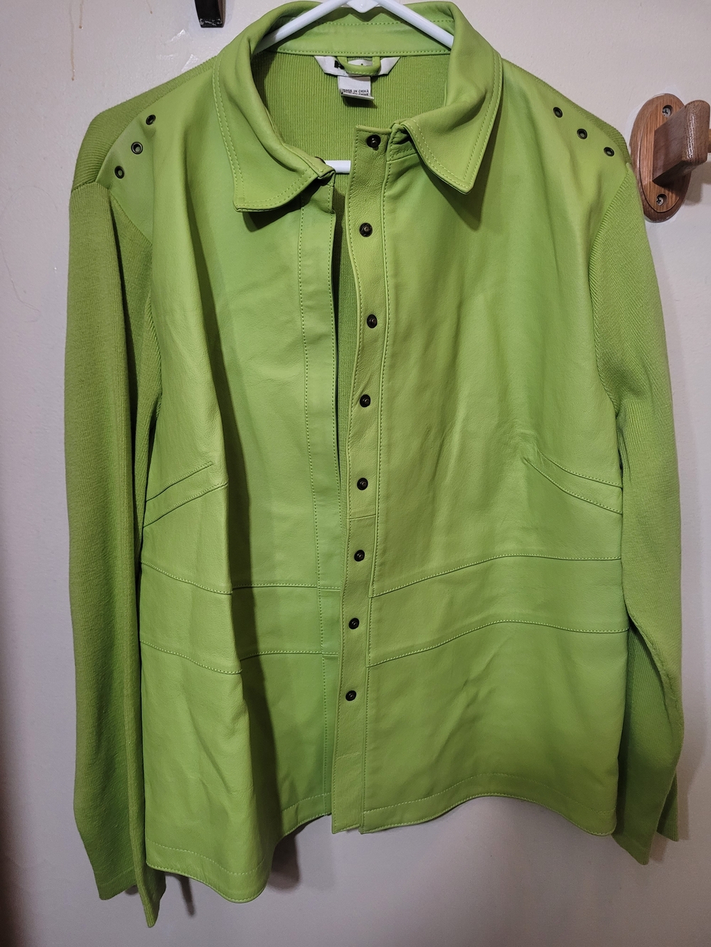 Nygard Collection Lime Green Leather Mixed Media Knit Snap Front Jacket XL (Z)